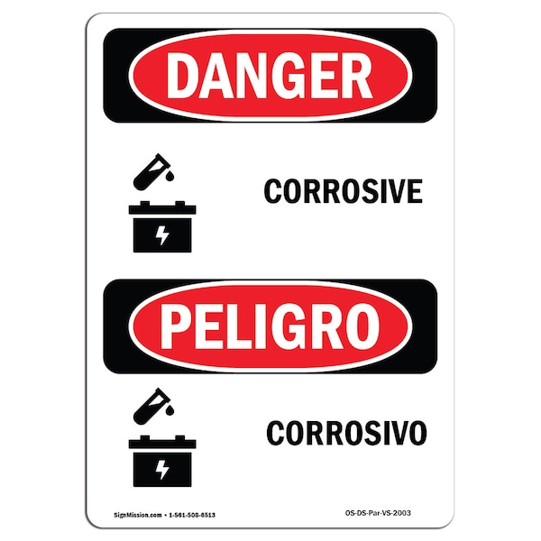 Safety Sign, OSHA Danger, 5" Height, Corrosivo, Bilingual Spanish, 10PK